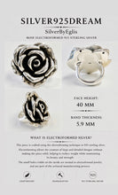 Load image into Gallery viewer, An informational product graphic for Silver925DREAM jewelry by SilverByEglis, showing two silver rings on a light gray background with text detailing specifications and descriptions of the electroformed silver finish.