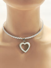 Load image into Gallery viewer, Braided White Leather Necklace 16” with Sterling Silver Hollow Heart and Earrings