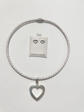 Load image into Gallery viewer, Braided White Leather Necklace 16” with Sterling Silver Hollow Heart and Earrings