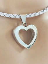 Load image into Gallery viewer, Braided White Leather Necklace 16” with Sterling Silver Hollow Heart and Earrings