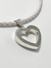 Load image into Gallery viewer, Braided White Leather Necklace 16” with Sterling Silver Hollow Heart and Earrings