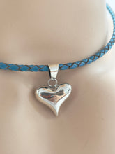 Load image into Gallery viewer, Set Braided Blue Leather Necklace 18” Sterling Silver Heart and Stud Earrings
