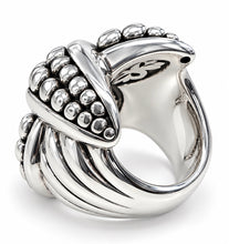 Load image into Gallery viewer, A silver 925 side ring with a twisted, knot-like design and raised beaded details, shown on a clean white background.

