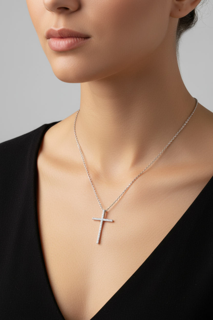 Sterling Silver 925 CZ Cross Delicate Necklace Chain 18” Religious