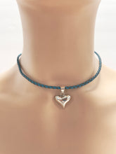 Load image into Gallery viewer, Set Braided Blue Leather Necklace 18” Sterling Silver Heart and Stud Earrings
