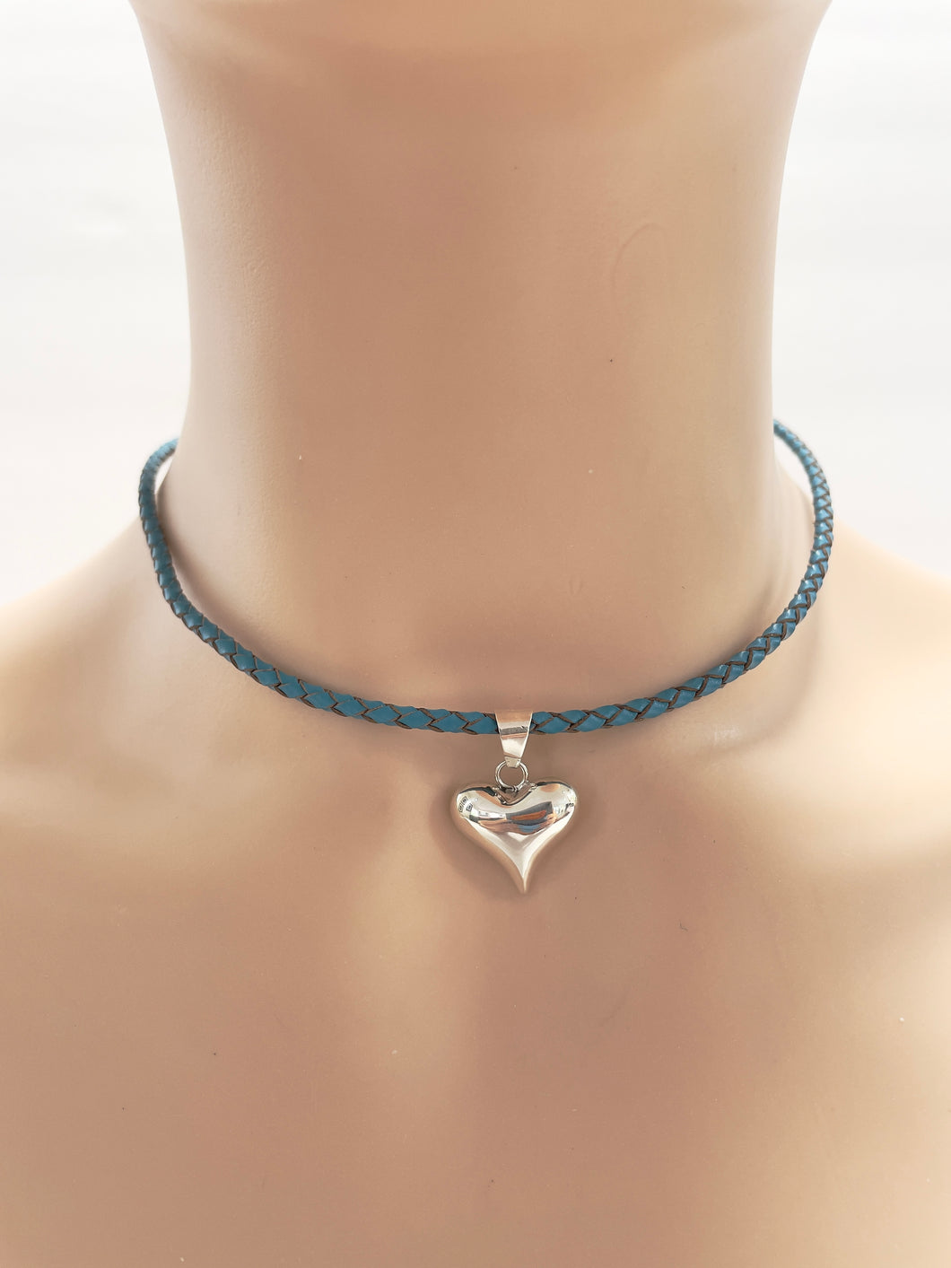 Set Braided Blue Leather Necklace 18” Sterling Silver Heart and Stud Earrings