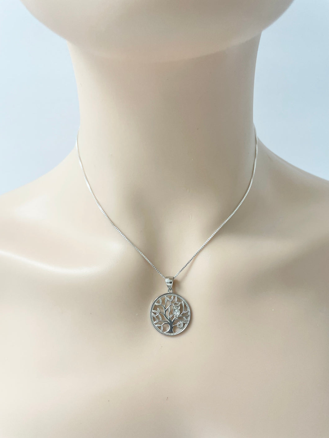 Sterling Silver Tree of Life Owl Pendant Necklace 16”