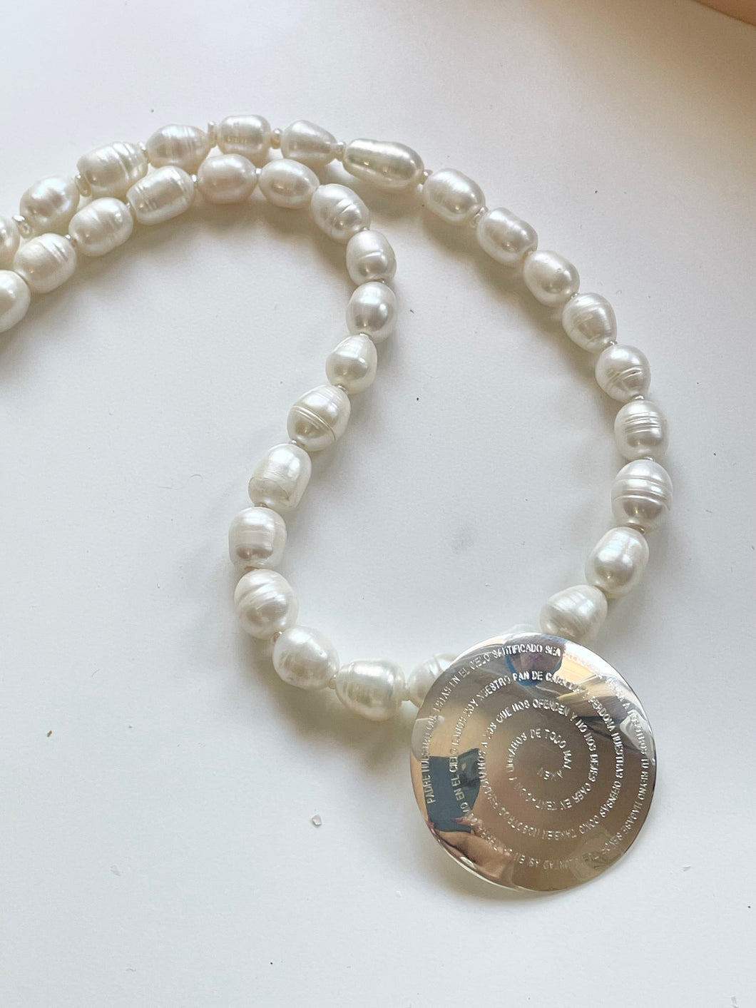 Fresh Water Pearl Necklace with Sterling Silver Padre Nuestro Medallion