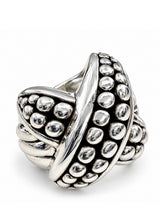 Load image into Gallery viewer, A silver 925 textured ring with a twisted, knot-like design and raised beaded details, shown on a clean white background.
