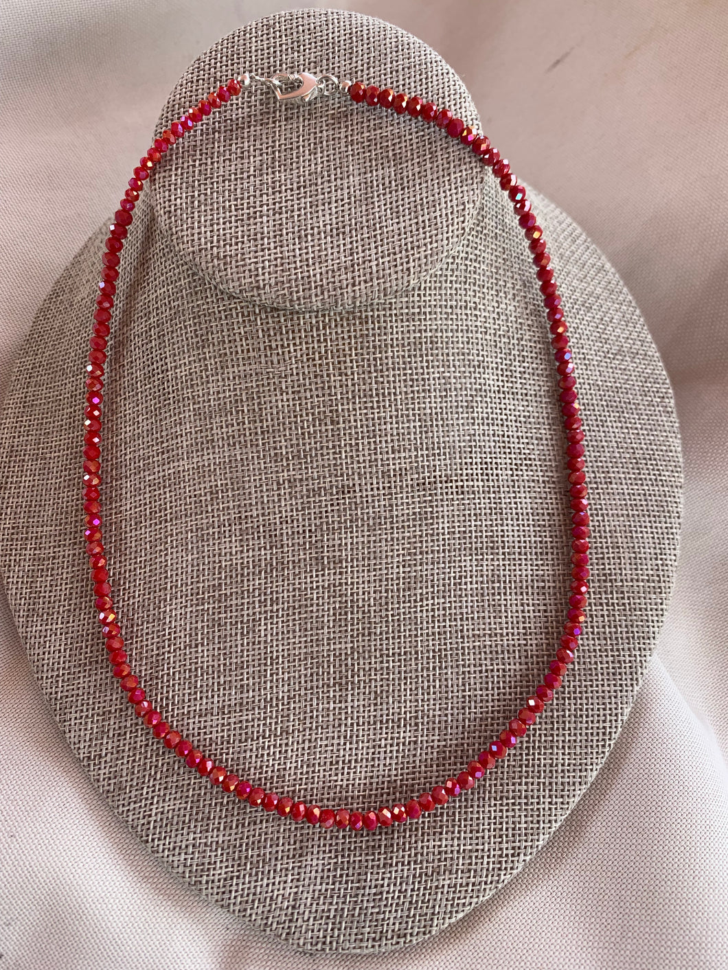 Red Crystal Beaded Necklace 18' Inch Long with Sterling Silver 925 Heart Clasp