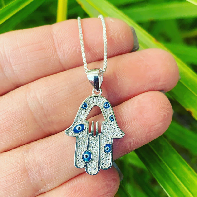 Hamsa Hand Evil Eye Necklace Sterling Silver 925