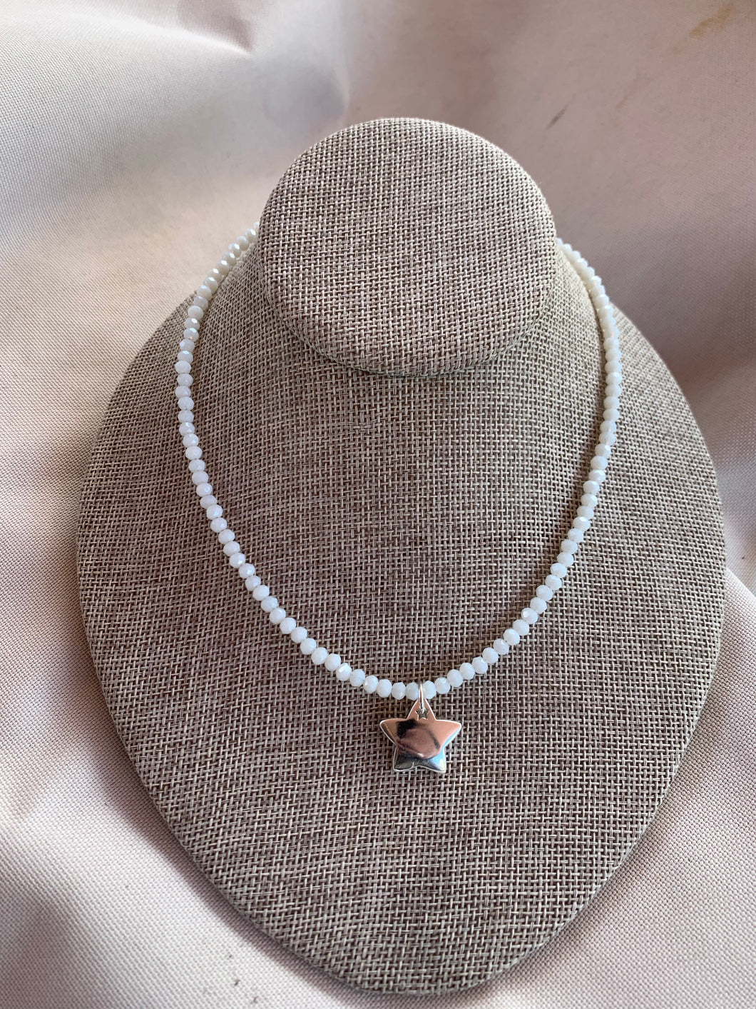 White Crystal Beaded Necklace 16’ with Sterling Silver 925 Star Pendant