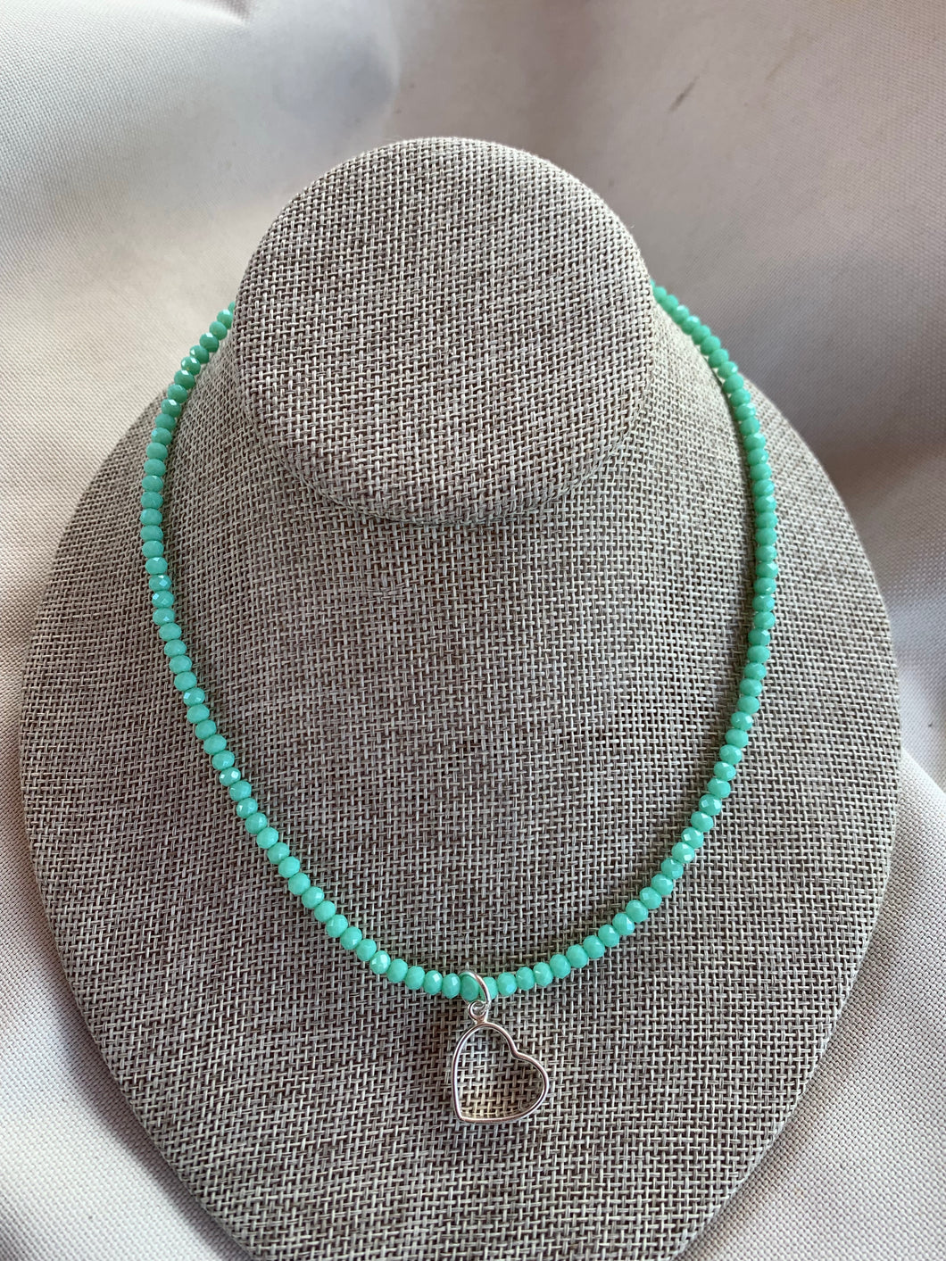 Green Crystal Beaded Necklace with Sterling Silver 925 Heart