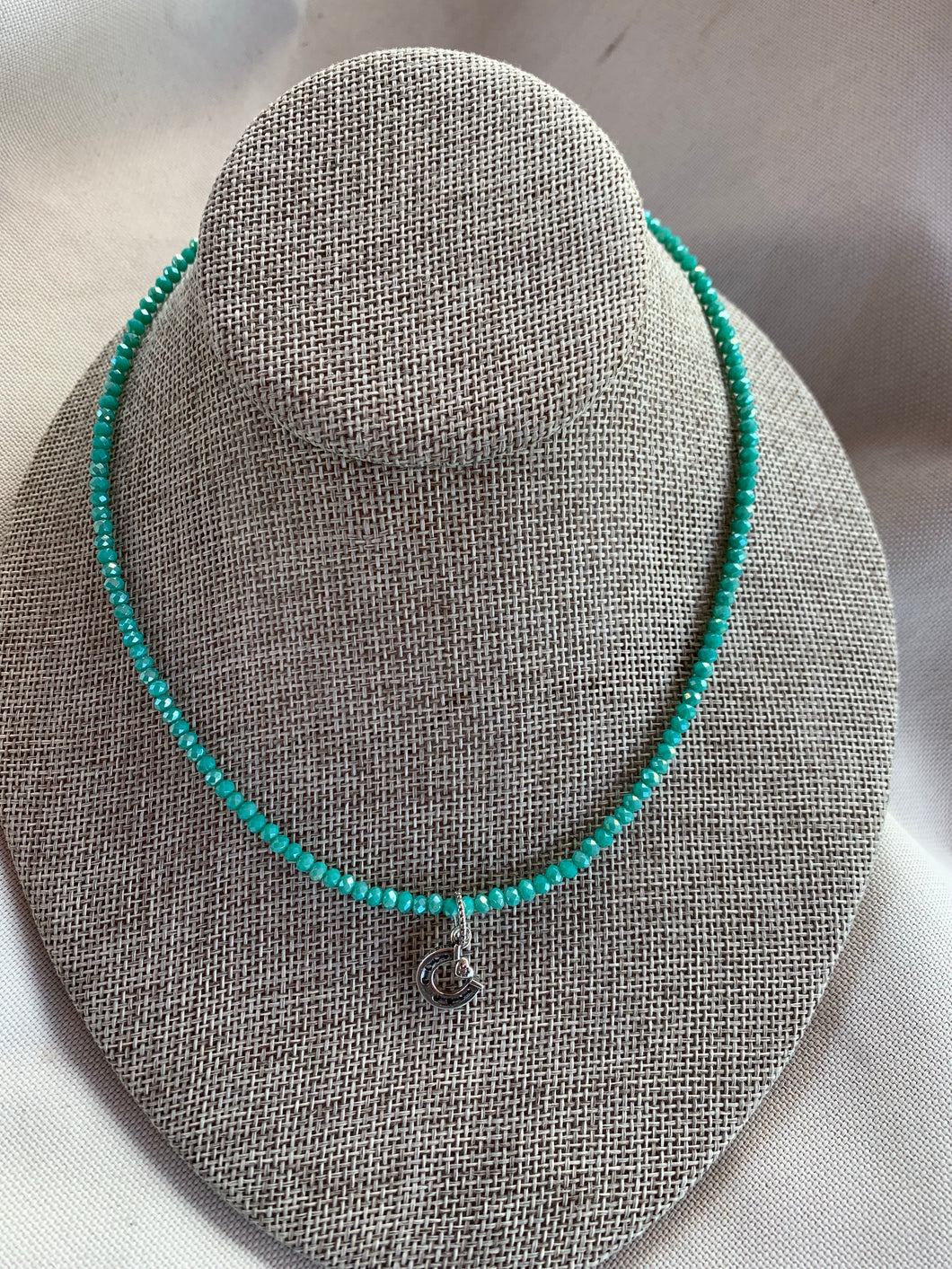 Green Crystal Beaded Necklace with Sterling Silver 925 Horseshoe